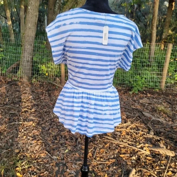 New Charming Charlie Womens Striped Peplum Shirt Blue White Top Short Sleeve S. - Picture 7 of 13